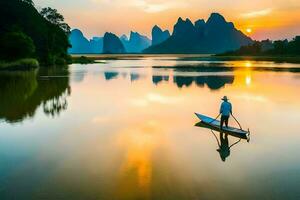 a man paddles a boat on a river at sunset. AI-Generated photo