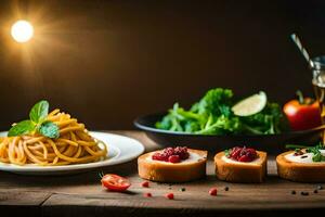 un plato de pasta, vegetales y un vaso de vino. generado por ai foto