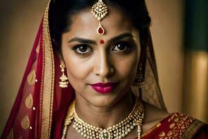 un indio mujer vistiendo un rojo sari y joyas. generado por ai foto