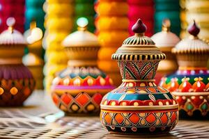 colorful vases are lined up on a table. AI-Generated photo