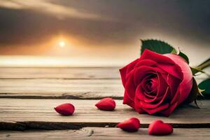 un soltero rojo Rosa en un de madera mesa con corazones dispersado alrededor él. generado por ai foto