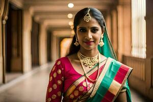 un hermosa indio novia en un tradicional sari. generado por ai foto