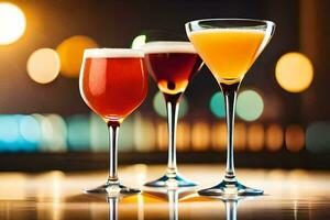 three different types of alcoholic drinks on a bar. AI-Generated photo