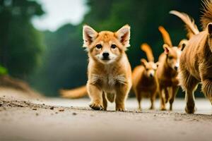 a group of dogs running on a road. AI-Generated photo