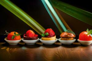 a row of small desserts on a wooden table. AI-Generated photo