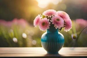 pink flowers in a vase on a wooden table. AI-Generated photo