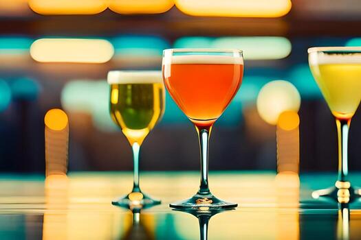 three different types of drinks are lined up on a bar. AI-Generated photo