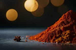 a pile of red spices on a table with a star anise. AI-Generated photo