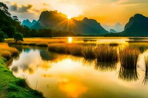 the sun rises over a lake and mountains in china. AI-Generated photo