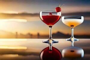 two glasses of cocktails with a sunset in the background. AI-Generated photo