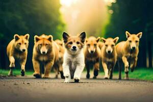 a group of dogs running down a road. AI-Generated photo