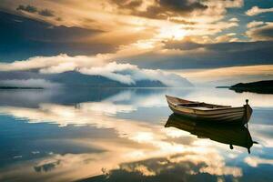 un barco se sienta en el calma agua con nubes y montañas en el antecedentes. generado por ai foto