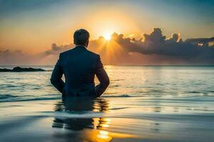 un hombre en un traje soportes en el Oceano a puesta de sol. generado por ai foto