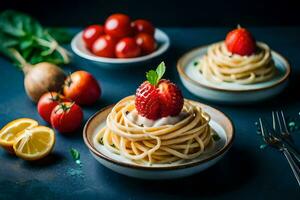 pasta with tomatoes and basil on a dark background. AI-Generated photo