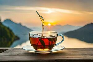 the tea cup is on a wooden table with a view of the lake and mountains. AI-Generated photo