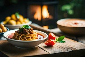 spaghetti with meat sauce and tomato on a wooden table. AI-Generated photo