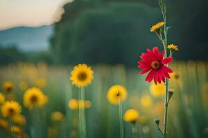 un rojo flor soportes fuera en un campo de amarillo flores generado por ai foto