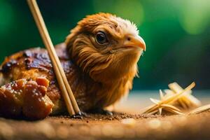 a chicken with chopsticks on its head. AI-Generated photo