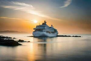 un crucero Embarcacion en el Oceano a puesta de sol. generado por ai foto