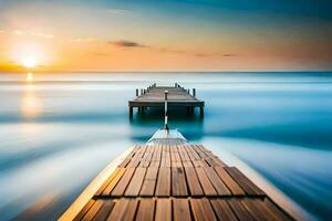 a wooden dock in the ocean at sunset. AI-Generated photo