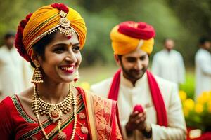 a bride and groom in traditional indian attire. AI-Generated photo