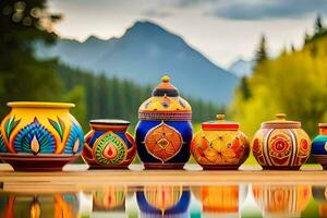 colorful pots on a table with mountains in the background. AI-Generated photo