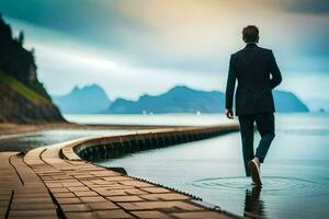 a man in a suit walking on a pier. AI-Generated photo