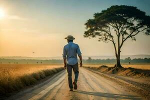 a man walking down a dirt road in the middle of a field. AI-Generated photo