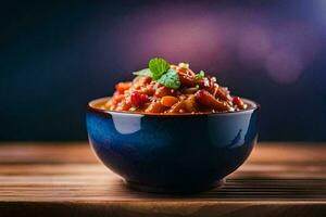 a bowl of chili with a spoon on a wooden table. AI-Generated photo