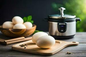eggs on a cutting board next to an electric pressure cooker. AI-Generated photo