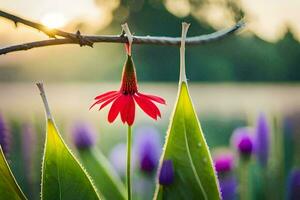 a red flower is growing on a branch in the sun. AI-Generated photo