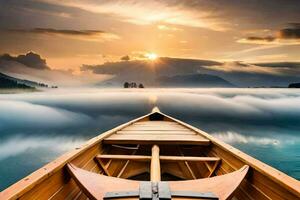 the boat is floating in the water with the sun rising behind it. AI-Generated photo