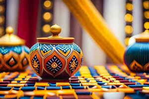 colorful vases on a table with colorful lights. AI-Generated photo