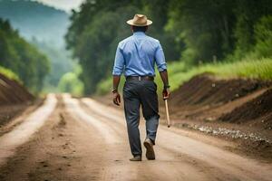 un hombre caminando abajo un suciedad la carretera con un palo. generado por ai foto