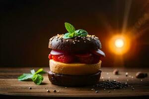 un chocolate hamburguesa con fresas y menta en un de madera mesa. generado por ai foto