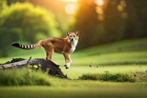 a fox standing on a log in the middle of a field. AI-Generated photo