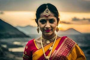 a beautiful indian woman in a colorful sari. AI-Generated photo