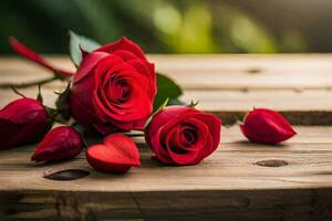 red roses on a wooden table. AI-Generated photo
