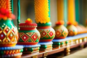 colorful vases are lined up on a table. AI-Generated photo