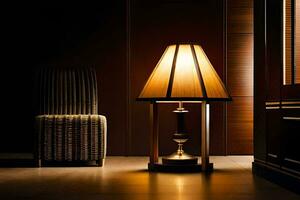 a lamp is sitting on a table in front of a chair. AI-Generated photo