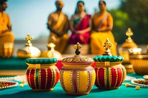 un grupo de personas en tradicional indio atuendo sentar alrededor un mesa con ollas y frascos. generado por ai foto