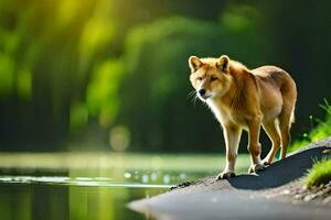 un lobo en pie en el borde de un río. generado por ai foto