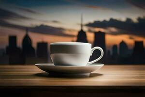 coffee cup on a table with cityscape in the background. AI-Generated photo