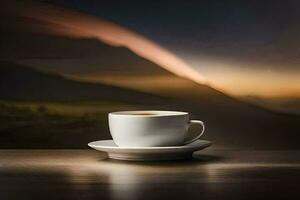 a cup of coffee on a table in front of a mountain. AI-Generated photo