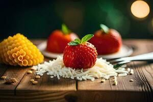 strawberries, cheese and honey on a wooden table. AI-Generated photo
