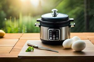 a pressure cooker and eggs on a wooden table. AI-Generated photo