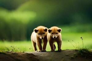 two baby brown bears standing on a dirt path. AI-Generated photo