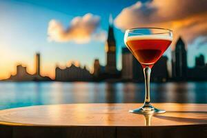 a glass of wine on a table in front of a city skyline. AI-Generated photo