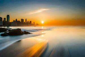 el Dom sube terminado el ciudad horizonte en esta foto. generado por ai foto