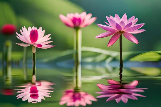 Tres rosado loto flores son reflejado en el agua. generado por ai foto